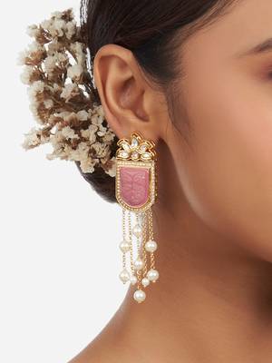 Gold Finish Pink Kundan Polki & Pearls Dangler Earrings 2
