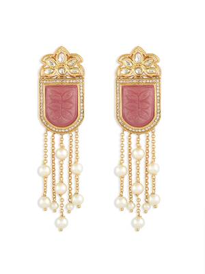 Gold Finish Pink Kundan Polki & Pearls Dangler Earrings 3