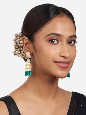 Gold Finish Off White & Mint Green Kundan Polki Jhumka Earrings 1