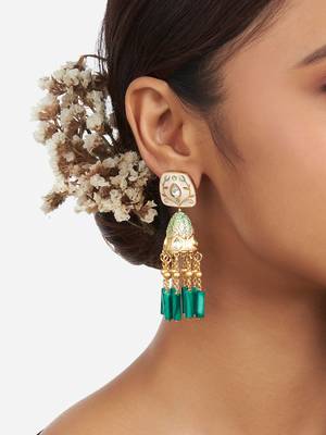 Gold Finish Off White & Mint Green Kundan Polki Jhumka Earrings 2