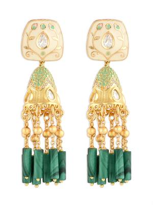 Gold Finish Off White & Mint Green Kundan Polki Jhumka Earrings 3