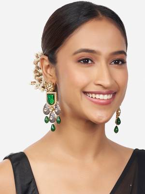 Gold Finish Green & Blue Kundan Polki Dangler Earrings 1