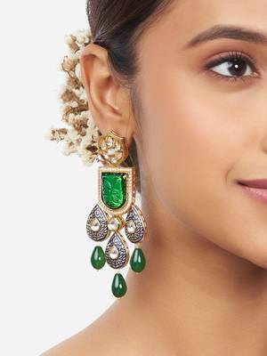 Gold Finish Green & Blue Kundan Polki Dangler Earrings 2