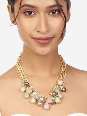 Gold Chain Necklace With Multi-Colour Pearls & Agates 1