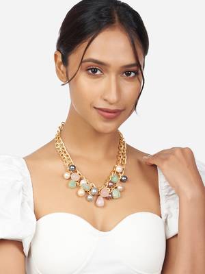 Gold Chain Necklace With Multi-Colour Pearls & Agates 2