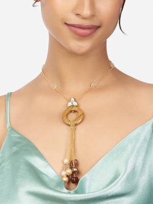 Gold & Brown Pendant Necklace With Agates & Pearls 1