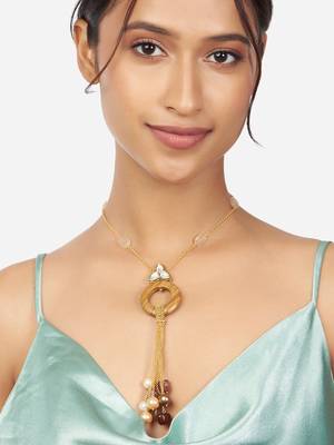 Gold & Brown Pendant Necklace With Agates & Pearls 2