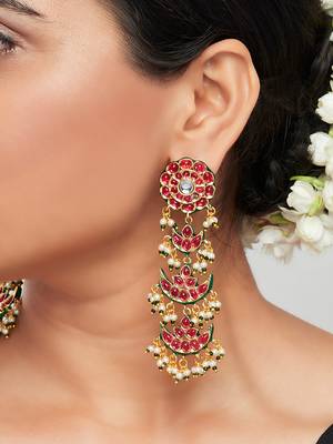 Red Enamelled Kundan Polki Dangle Earrings With Pearl Drops 1