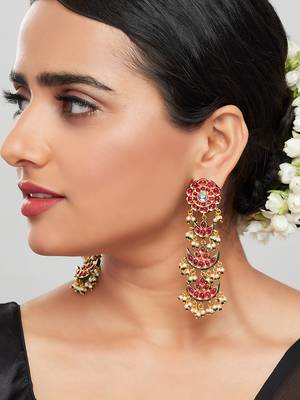 Red Enamelled Kundan Polki Dangle Earrings With Pearl Drops 2
