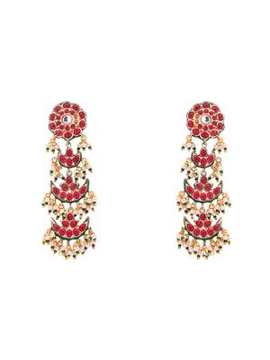 Red Enamelled Kundan Polki Dangle Earrings With Pearl Drops 3