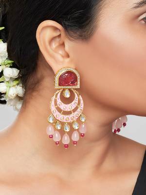 Red & Pink Enamelled Kundan Polki Ethnic Earrings  1