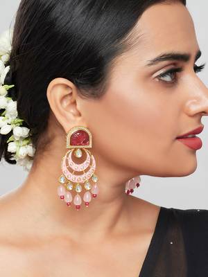 Red & Pink Enamelled Kundan Polki Ethnic Earrings  2