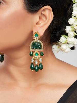 Gold Finish Green Polki  Long Earrings 1