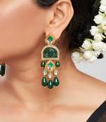 Gold Finish Green Polki  Long Earrings