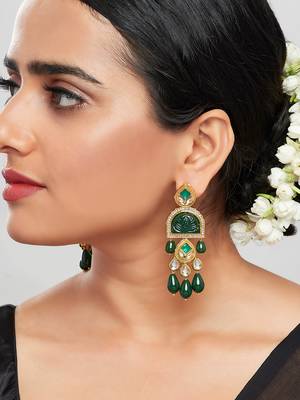 Gold Finish Green Polki  Long Earrings 2