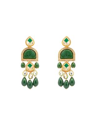 Gold Finish Green Polki  Long Earrings 3