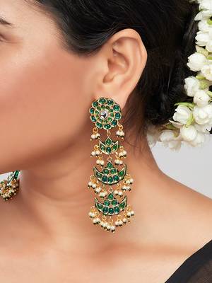 Green Enamelled Pearl Drop Kundan Polki Chandelier Earrings  1