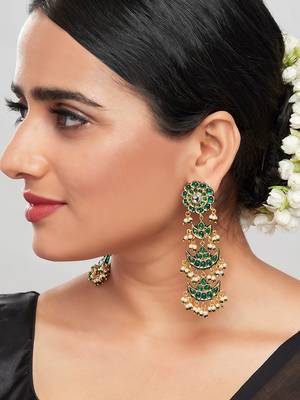 Green Enamelled Pearl Drop Kundan Polki Chandelier Earrings  2