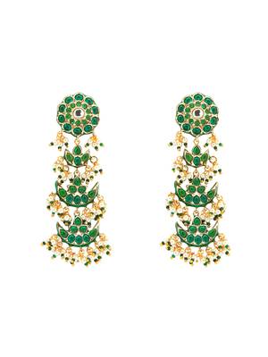 Green Enamelled Pearl Drop Kundan Polki Chandelier Earrings  3
