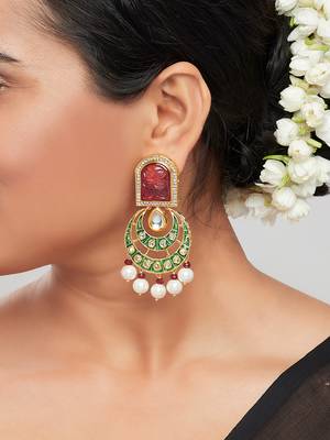 Red & Green Enamelled Kundan Polki Ethnic Earrings  1