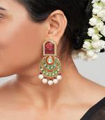 Red & Green Enamelled Kundan Polki Ethnic Earrings 