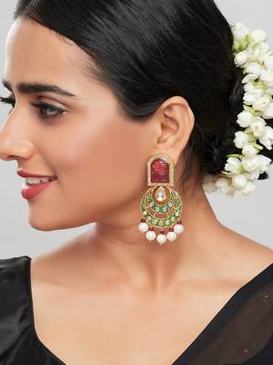 Red & Green Enamelled Kundan Polki Ethnic Earrings  2