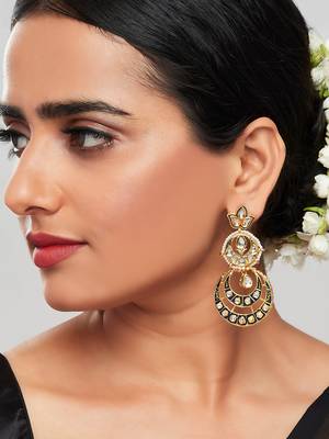 Blue Enamelled Kundan Polki Crescent Ethnic Earrings 2