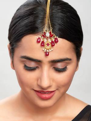Blooming Lotus Red & Gold Chain Strand Maang Tikka  1