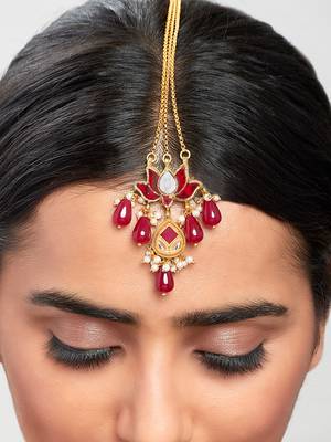 Blooming Lotus Red & Gold Chain Strand Maang Tikka  2