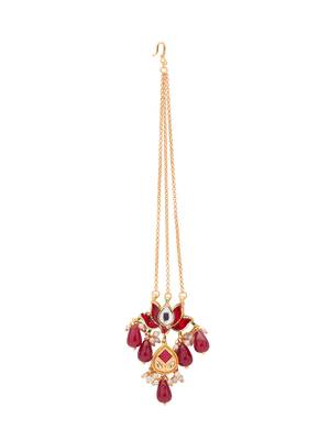 Blooming Lotus Red & Gold Chain Strand Maang Tikka  3