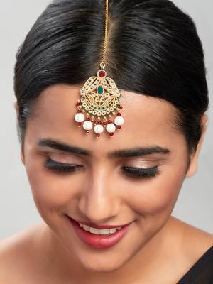Multi Coloured Kundan Polki Ethnic Maang Tikka With Pearls 1