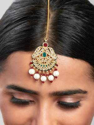 Multi Coloured Kundan Polki Ethnic Maang Tikka With Pearls 2