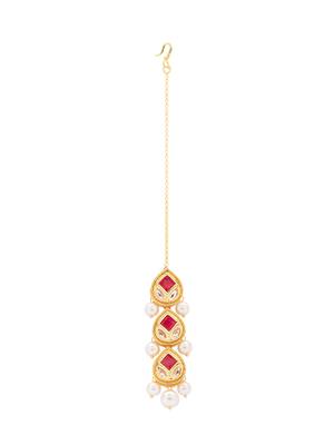 Red Enamelled Ethnic Maang Tikka With White Pearl Drops 3