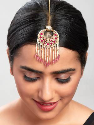 Red & White Kundan Polki Beaded Maang Tikka 1