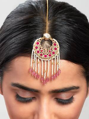 Red & White Kundan Polki Beaded Maang Tikka 2