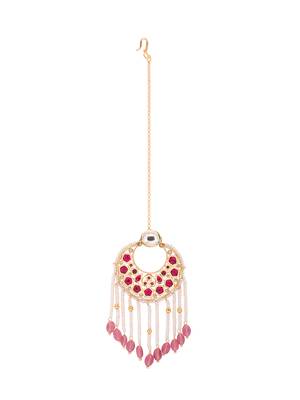 Red & White Kundan Polki Beaded Maang Tikka 3