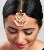 White & Pink Pearl Drop Kundan Polki Ethnic Maang Tikka