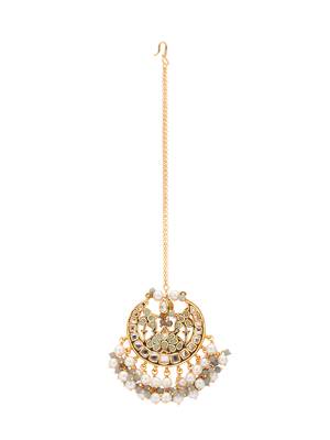 White & Green Pearl Drop Kundan Polki Ethnic Maang Tikka 3