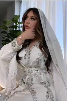Luxurious White Kaftan Gown with Silver Zari Embroidery | Wedding & Formal Event Wear