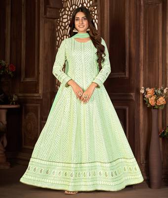 ELEGANT LIGHT GREEN FANCY SEQUINS EMBROIDERED GEORGETTE PARTY WEAR GOWN SEMI STITCHED 1