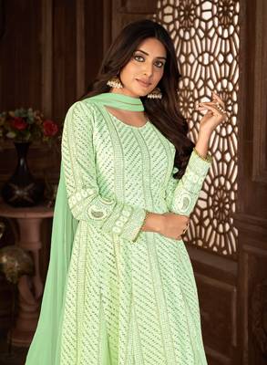 ELEGANT LIGHT GREEN FANCY SEQUINS EMBROIDERED GEORGETTE PARTY WEAR GOWN SEMI STITCHED 2