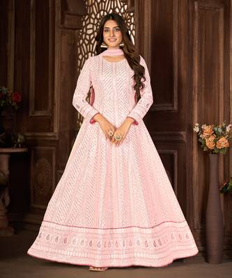 FASCINATING PINK FANCY SEQUINS EMBROIDERED GEORGETTE PARTY WEAR GOWN SEMI STITCHED 1