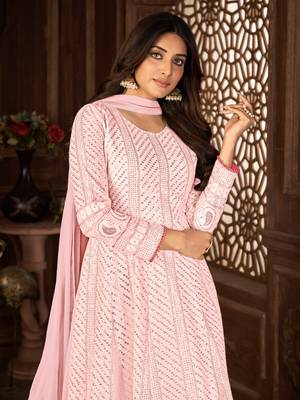 FASCINATING PINK FANCY SEQUINS EMBROIDERED GEORGETTE PARTY WEAR GOWN SEMI STITCHED 2