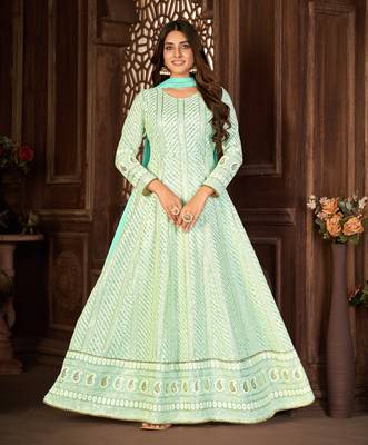 SPECTACULAR TURQUOISE FANCY SEQUINS EMBROIDERED GEORGETTE PARTY WEAR GOWN SEMI STITCHED 1