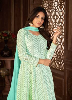 SPECTACULAR TURQUOISE FANCY SEQUINS EMBROIDERED GEORGETTE PARTY WEAR GOWN SEMI STITCHED 2