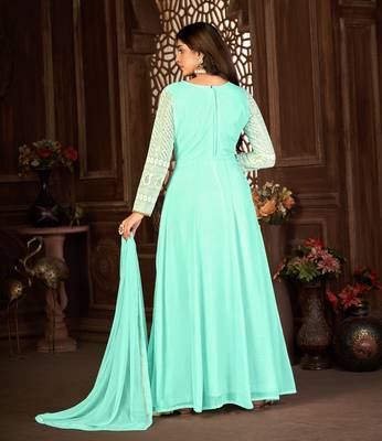 SPECTACULAR TURQUOISE FANCY SEQUINS EMBROIDERED GEORGETTE PARTY WEAR GOWN SEMI STITCHED 3