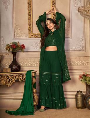 SPECTACULAR GREEN COLOR FANCY SEQUINS EMBROIDERED GEORGETTE BASE SHARARA SUIT SEMI STITCHED 1
