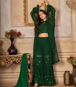 SPECTACULAR GREEN COLOR FANCY SEQUINS EMBROIDERED GEORGETTE BASE SHARARA SUIT SEMI STITCHED