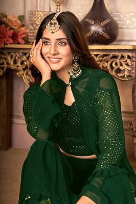 SPECTACULAR GREEN COLOR FANCY SEQUINS EMBROIDERED GEORGETTE BASE SHARARA SUIT SEMI STITCHED 2