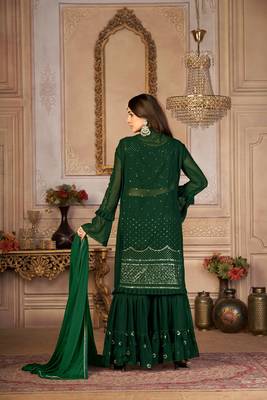 SPECTACULAR GREEN COLOR FANCY SEQUINS EMBROIDERED GEORGETTE BASE SHARARA SUIT SEMI STITCHED 3